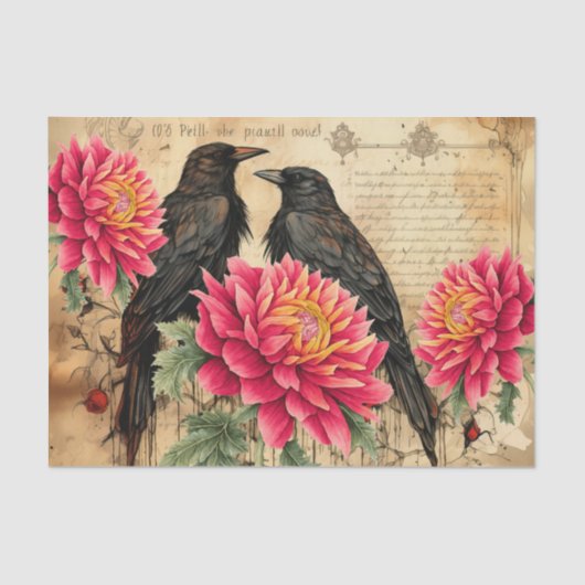 Papier Mousseline Fleurs et ravens roses Vintages (Recto)