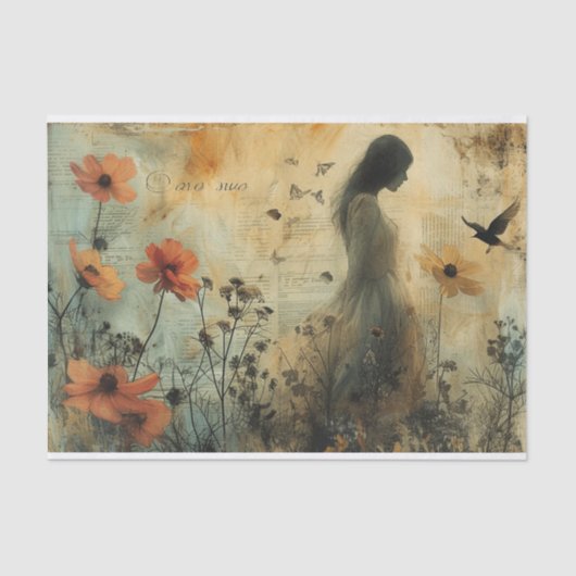 Papier Mousseline Fleurs et une jeune femme (Recto)