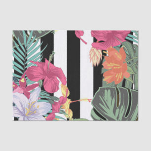 Papier Mousseline Fleurs Floral Tropical Feuilles Rayures Noires et