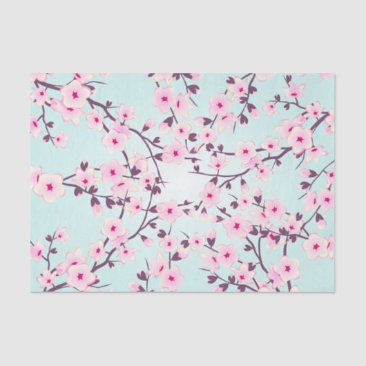 Papier Mousseline Fleurs florales de cerisier rose Turquoise (Recto)