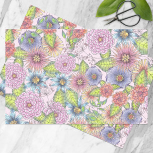 Papier Mousseline Fleurs florissantes et Feuilles verts sur rose pâl