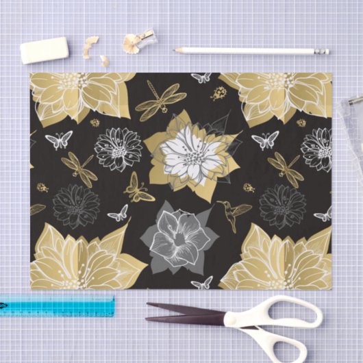 Papier Mousseline Fleurs Gris Et Or (Artisanat)