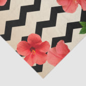 Papier Mousseline Fleurs Hibiscus Rouges Sur Chevron Noir Et Beige (Détail)