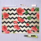 Papier Mousseline Fleurs Hibiscus Rouges Sur Chevron Noir Et Beige (Artisanat)