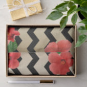 Papier Mousseline Fleurs Hibiscus Rouges Sur Chevron Noir Et Beige (Cadeau)