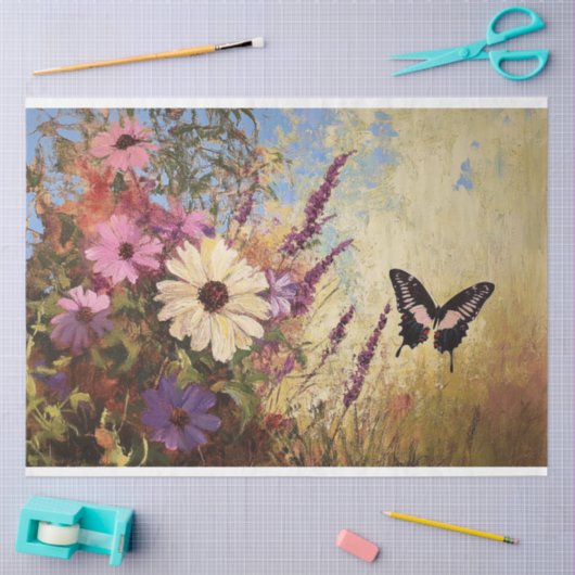 Papier Mousseline Fleurs impressionnistes et découpage papillon (Artisanat)
