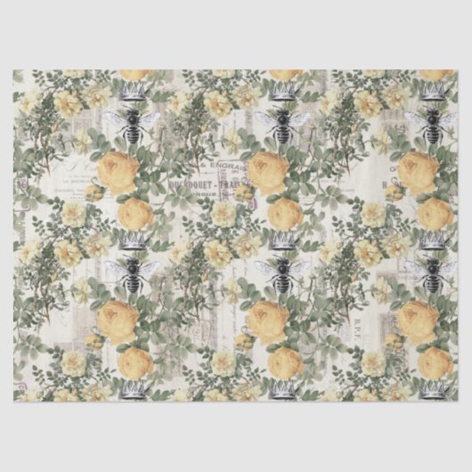 Papier Mousseline Fleurs jaunes et découpage d'abeilles royales (Recto)