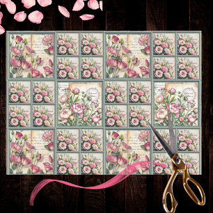 Papier Mousseline Fleurs Lisanthus rose vintage avec cadres verts Sa