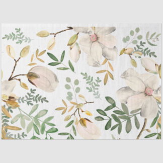 Papier Mousseline Fleurs Magnolia Blanches Feuilles Gold Green