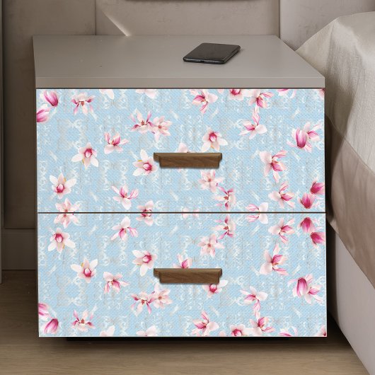 Papier Mousseline Fleurs Magnolia Sur Bleu Doux Et Damas Argent