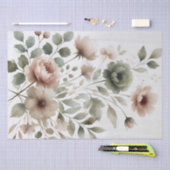 Papier Mousseline Fleurs modernes aquarelles olive poussiéreuse et r (Artisanat)
