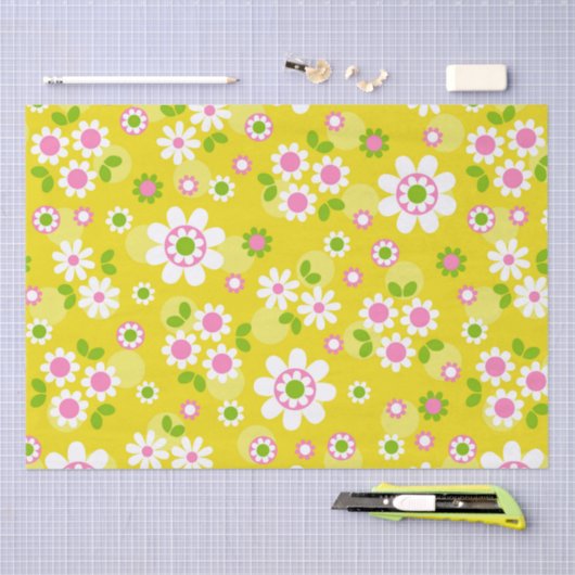 Papier Mousseline Fleurs Mood Rétro Jaune & Blanc (Artisanat)