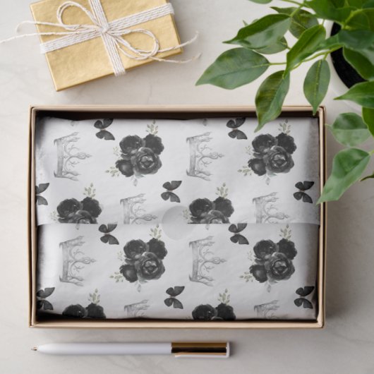 Papier Mousseline Fleurs noires et Couronnes d'argent (Cadeau)