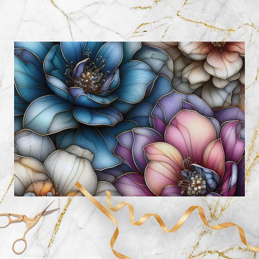 Papier Mousseline Fleurs Opulentes avec des Contours Dorés Brillants