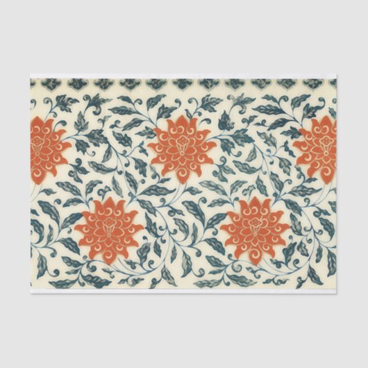 Papier Mousseline fleurs orange - tige bleue - motif chinois (Recto)