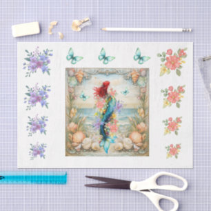 Papier Mousseline Fleurs pastel de plage Sirène et coquillages Décou