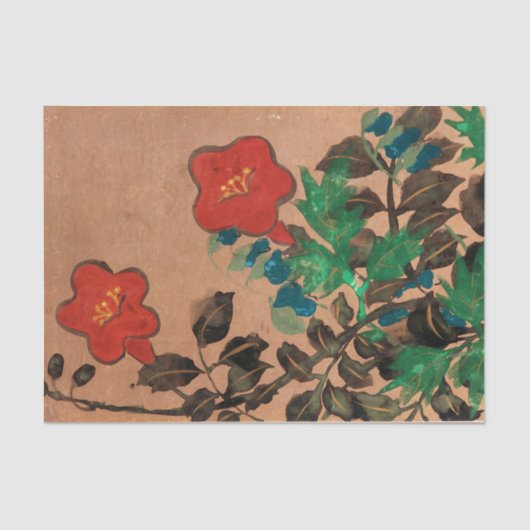 Papier Mousseline Fleurs peintes rouges et bleues pour découpage (Recto)