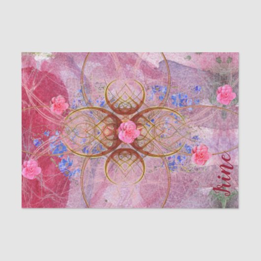 Papier Mousseline Fleurs pressées délicates sur rose avec nom/mot (Recto)