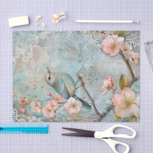 Papier Mousseline Fleurs printanières avec oiseau bleu (Artisanat)