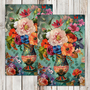 PAPIER MOUSSELINE FLEURS PRINTANIÈRES COLORÉES EN DÉCOUPAGE DE VASE
