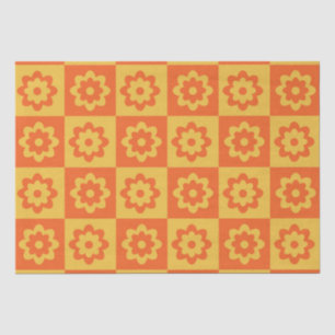 Papier Mousseline Fleurs Rétro Jaune Orange à Damier
