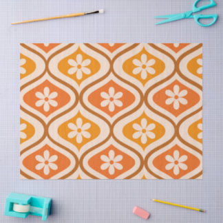 Papier Mousseline Fleurs rétro sur fond orange et motif ogee ambre