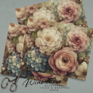 Papier Mousseline Fleurs Romantiques Vintage en Découpage Rose Bleu