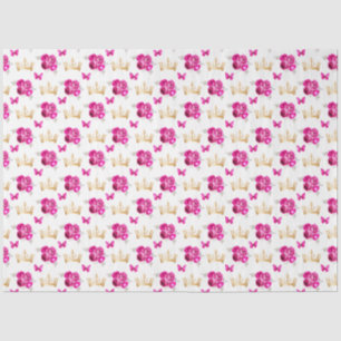 Papier Mousseline Fleurs rose chaud et couronnes dorées