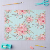 Papier Mousseline Fleurs rose pâle sur bleu clair (Artisanat)