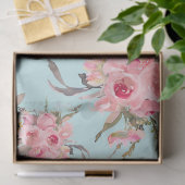 Papier Mousseline Fleurs rose pâle sur bleu clair (Cadeau)