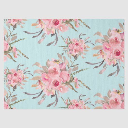 Papier Mousseline Fleurs rose pâle sur bleu clair (Recto)