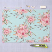 Papier Mousseline Fleurs rose pâle sur bleu clair (Artisanat)