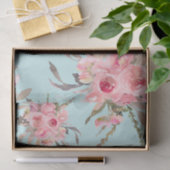 Papier Mousseline Fleurs rose pâle sur bleu clair (Cadeau)