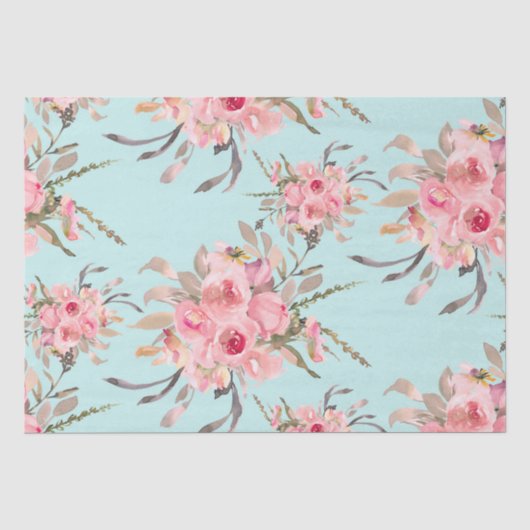 Papier Mousseline Fleurs rose pâle sur bleu clair (Recto)