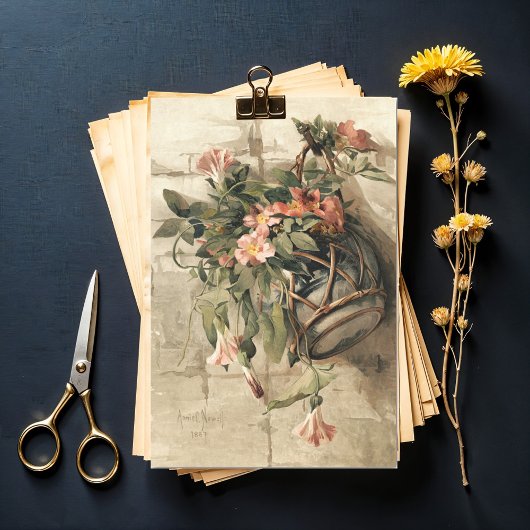 Papier Mousseline Fleurs roses dans le vase suspendu, Découpage