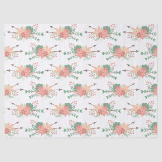 Papier Mousseline Fleurs roses et bracelleuses avec flèches en blanc (Recto)