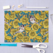 Papier Mousseline Fleurs roses et oiseaux dorés (Artisanat)