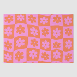 Papier Mousseline Fleurs Roses et Orange Rétro Déformées à Carreaux