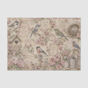 Papier Mousseline Fleurs roses oiseaux vintage notes manuscrites