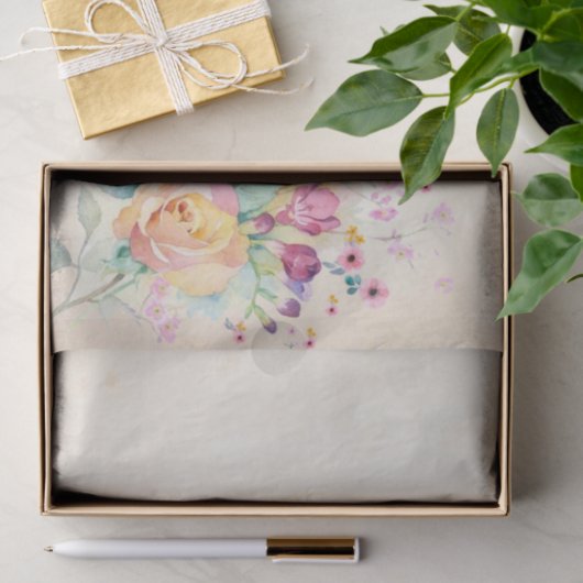 Papier Mousseline Fleurs roses sur Ecru (Cadeau)