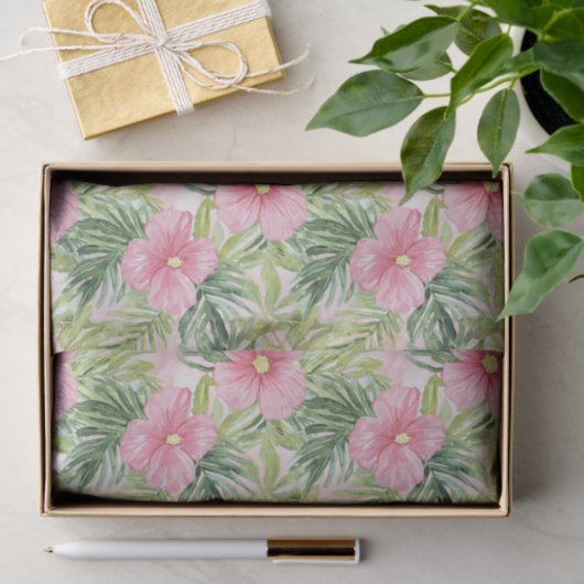 Papier Mousseline Fleurs roses tropicales (Cadeau)