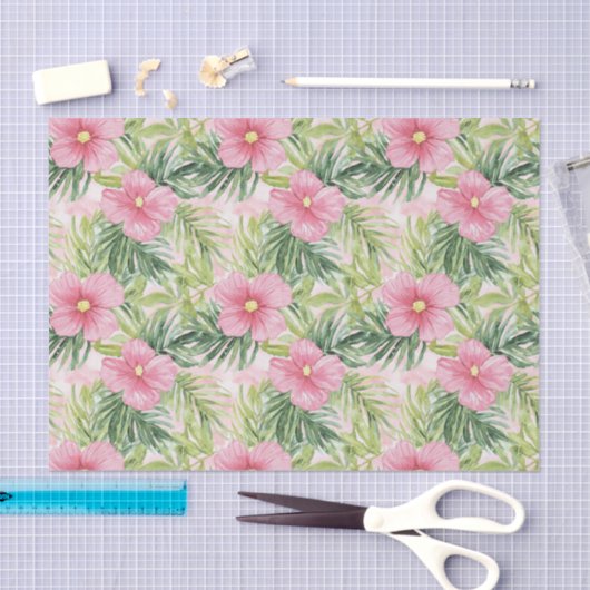 Papier Mousseline Fleurs roses tropicales (Artisanat)