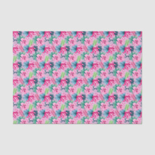 Papier Mousseline Fleurs roses vertes bleues Floral Tropical lumineu