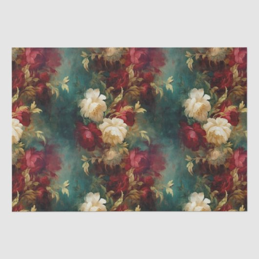 Papier Mousseline Fleurs Rouge Blanc Vert Or (Recto)