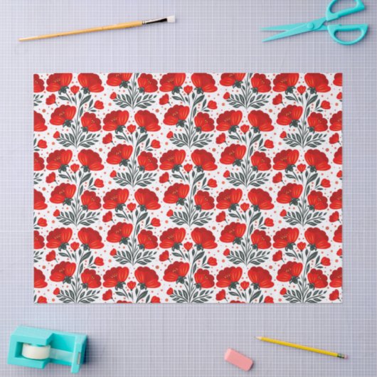 Papier Mousseline Fleurs rouges (Artisanat)