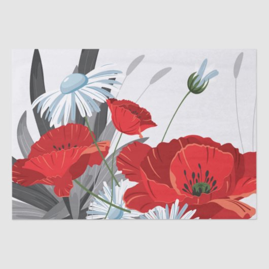 Papier Mousseline Fleurs rouges et blanches Marguerites et pavots (Recto)