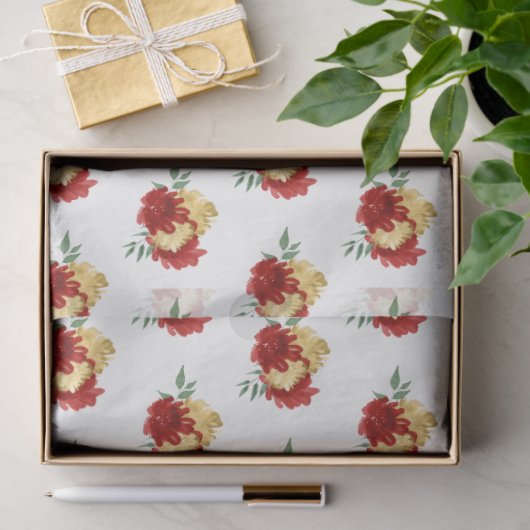 Papier Mousseline Fleurs rouges et Motif vert (Cadeau)