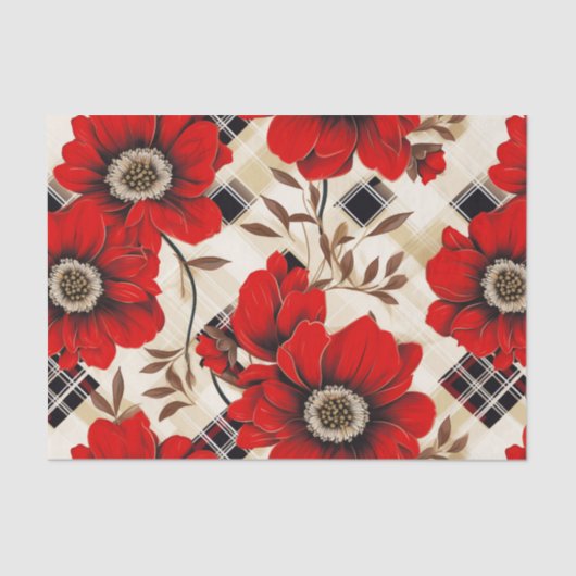 Papier Mousseline Fleurs rouges et plaid (Recto)