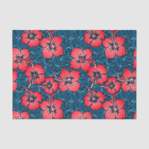 Papier Mousseline Fleurs rouges tropicales sur la marine
