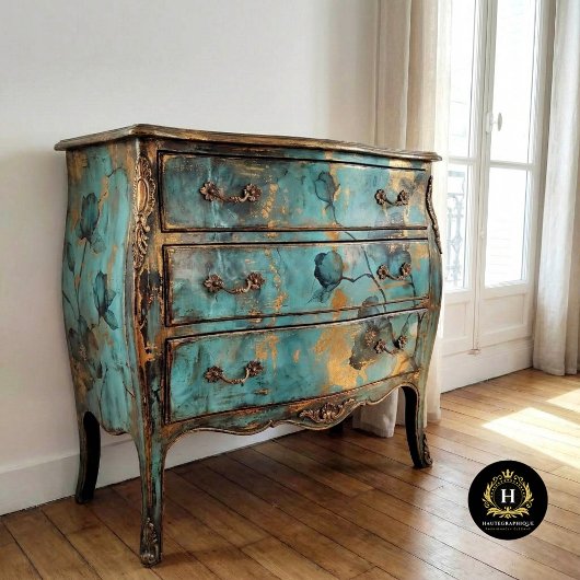 Papier Mousseline Fleurs rustiques turquoise et or